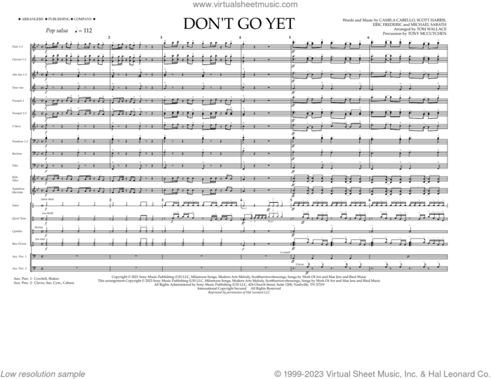 Don't Go Yet (arr. Tom Wallace) (COMPLETE) sheet music for marching band by Camila Cabello, Eric Frederic, Michael Sabath, Scott Harris and Tom Wallace, intermediate skill level