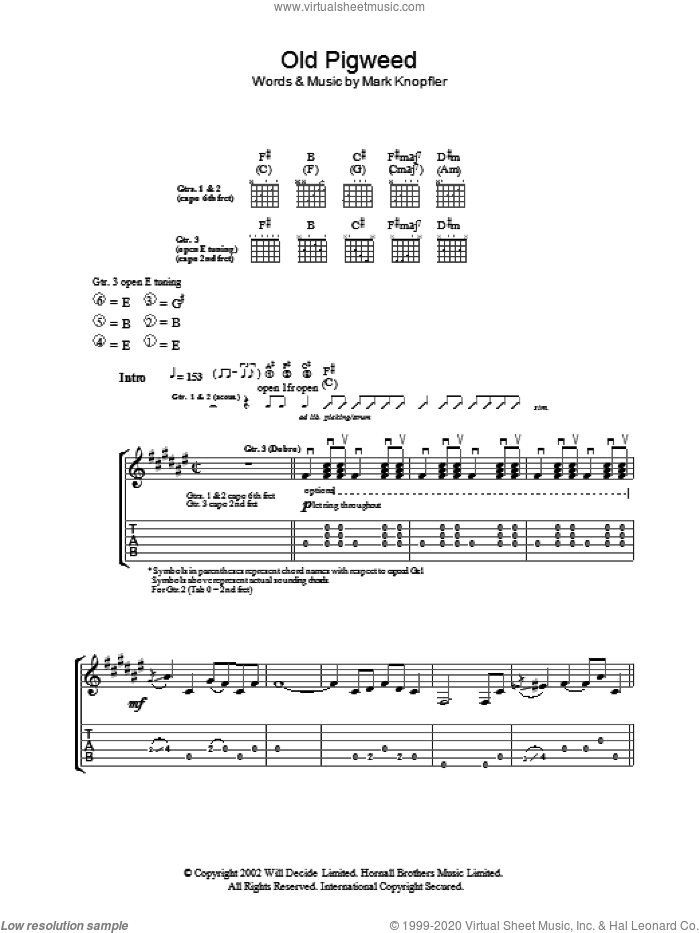 Old Pigweed sheet music for guitar (tablature) by Mark Knopfler, intermediate skill level
