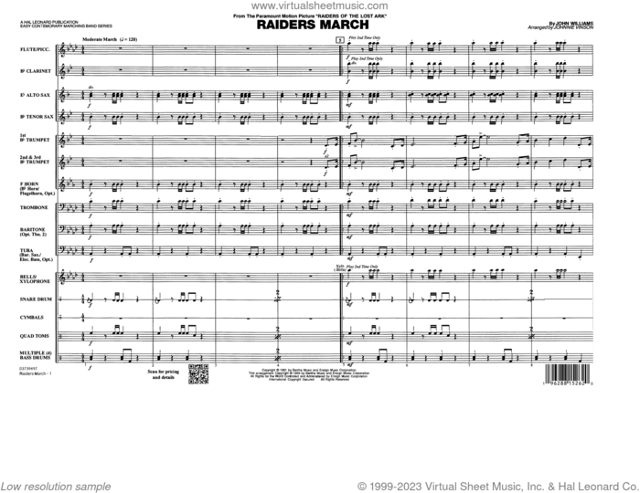 Raiders March (arr. Johnnie Vinson) sheet music for marching band (full score) by John Williams and Johnnie Vinson, intermediate skill level
