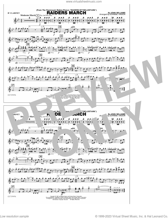 Raiders March (arr. Johnnie Vinson) sheet music for marching band (Bb clarinet) by John Williams and Johnnie Vinson, intermediate skill level