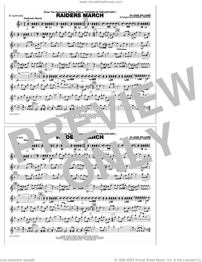 Raiders March (arr. Johnnie Vinson) sheet music for marching band (Eb alto sax) by John Williams and Johnnie Vinson, intermediate skill level