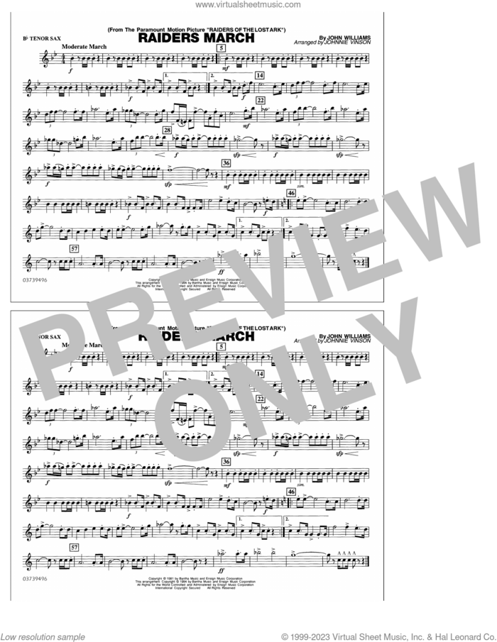 Raiders March (arr. Johnnie Vinson) sheet music for marching band (Bb tenor sax) by John Williams and Johnnie Vinson, intermediate skill level