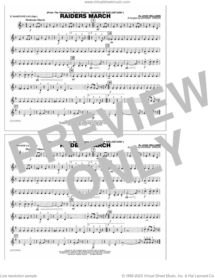 Raiders March (arr. Johnnie Vinson) sheet music for marching band (Eb baritone sax) by John Williams and Johnnie Vinson, intermediate skill level