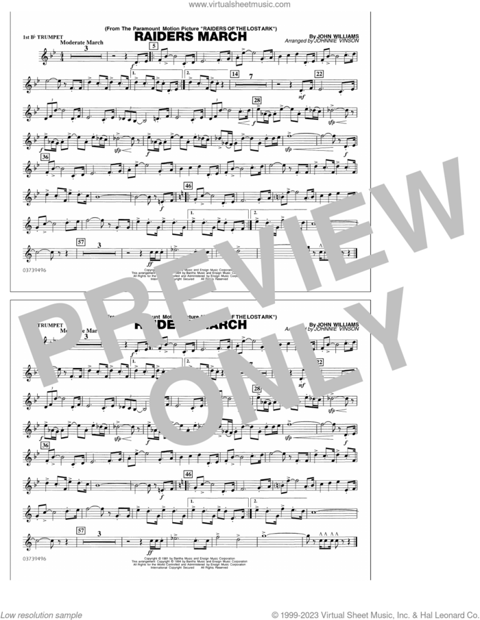 Raiders March (arr. Johnnie Vinson) sheet music for marching band (1st Bb trumpet) by John Williams and Johnnie Vinson, intermediate skill level