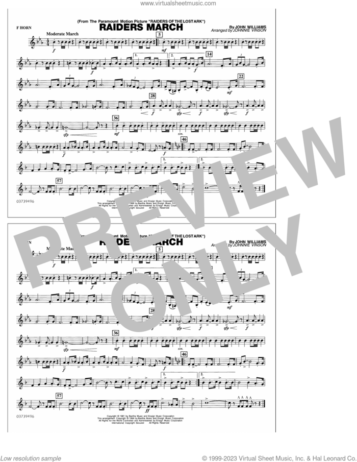 Raiders March (arr. Johnnie Vinson) sheet music for marching band (f horn) by John Williams and Johnnie Vinson, intermediate skill level