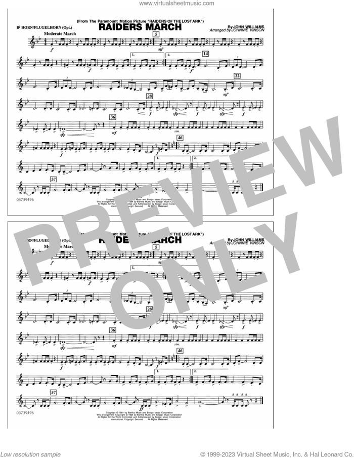 Raiders March (arr. Johnnie Vinson) sheet music for marching band (Bb horn/flugelhorn) by John Williams and Johnnie Vinson, intermediate skill level