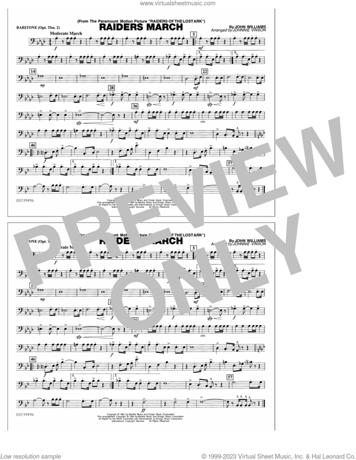 Raiders March (arr. Johnnie Vinson) sheet music for marching band (baritone b.c.) by John Williams and Johnnie Vinson, intermediate skill level