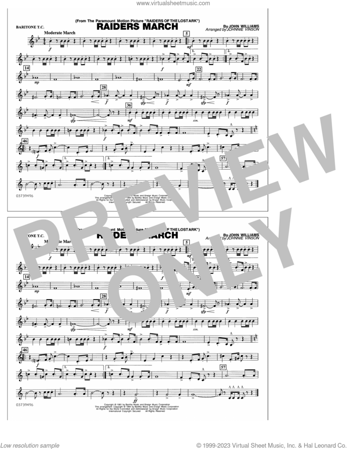 Raiders March (arr. Johnnie Vinson) sheet music for marching band (baritone t.c.) by John Williams and Johnnie Vinson, intermediate skill level