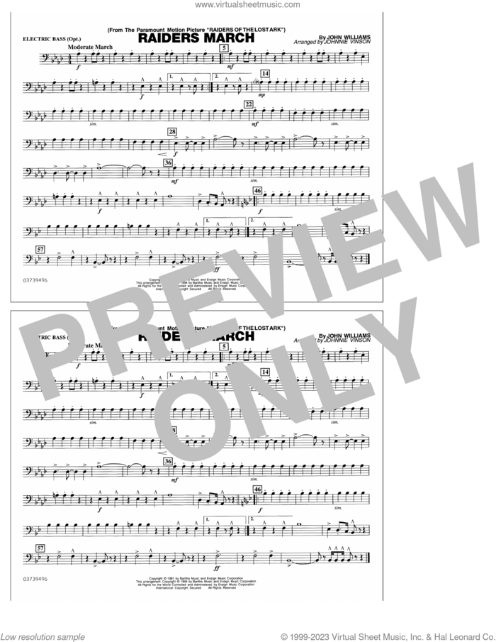 Raiders March (arr. Johnnie Vinson) sheet music for marching band (electric bass) by John Williams and Johnnie Vinson, intermediate skill level