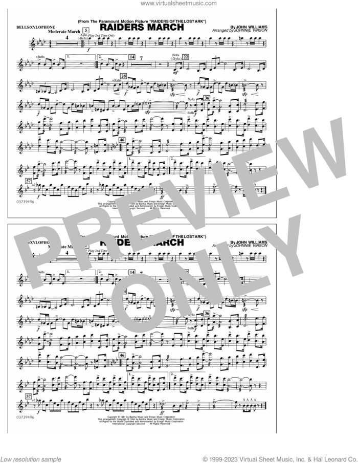 Raiders March (arr. Johnnie Vinson) sheet music for marching band (bells/xylophone) by John Williams and Johnnie Vinson, intermediate skill level