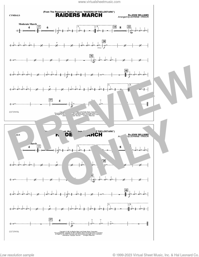 Raiders March (arr. Johnnie Vinson) sheet music for marching band (cymbals) by John Williams and Johnnie Vinson, intermediate skill level