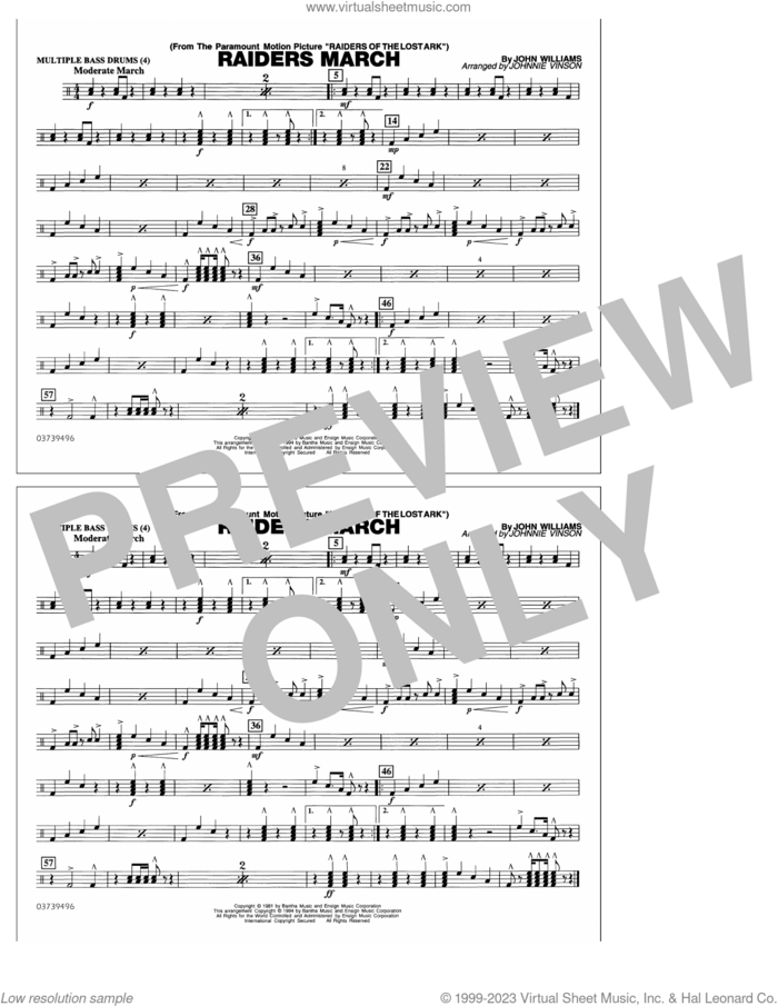 Raiders March (arr. Johnnie Vinson) sheet music for marching band (multiple bass drums) by John Williams and Johnnie Vinson, intermediate skill level