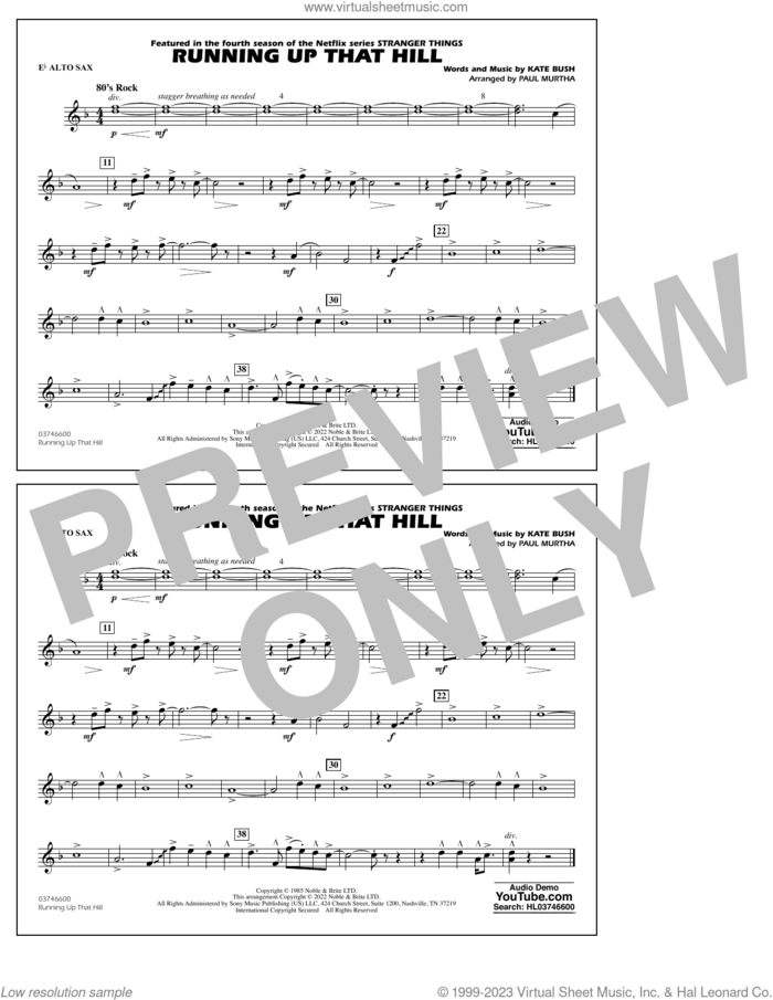 Running Up That Hill (arr. Paul Murtha) sheet music for marching band (Eb alto sax) by Kate Bush and Paul Murtha, intermediate skill level