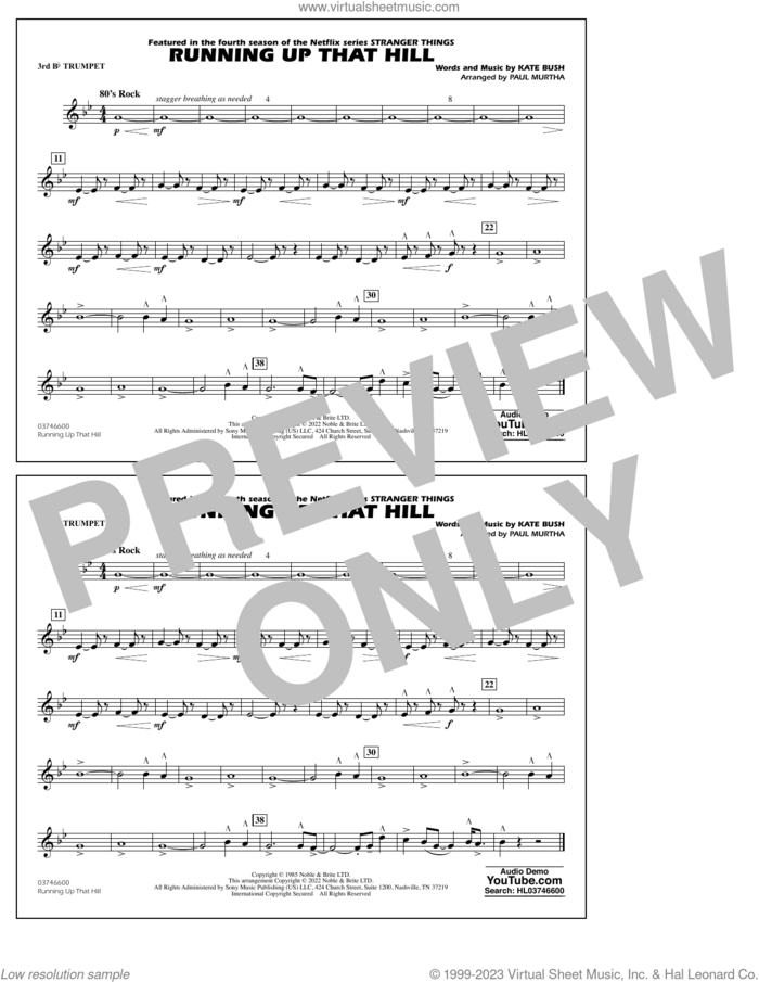 Running Up That Hill (arr. Paul Murtha) sheet music for marching band (3rd Bb trumpet) by Kate Bush and Paul Murtha, intermediate skill level