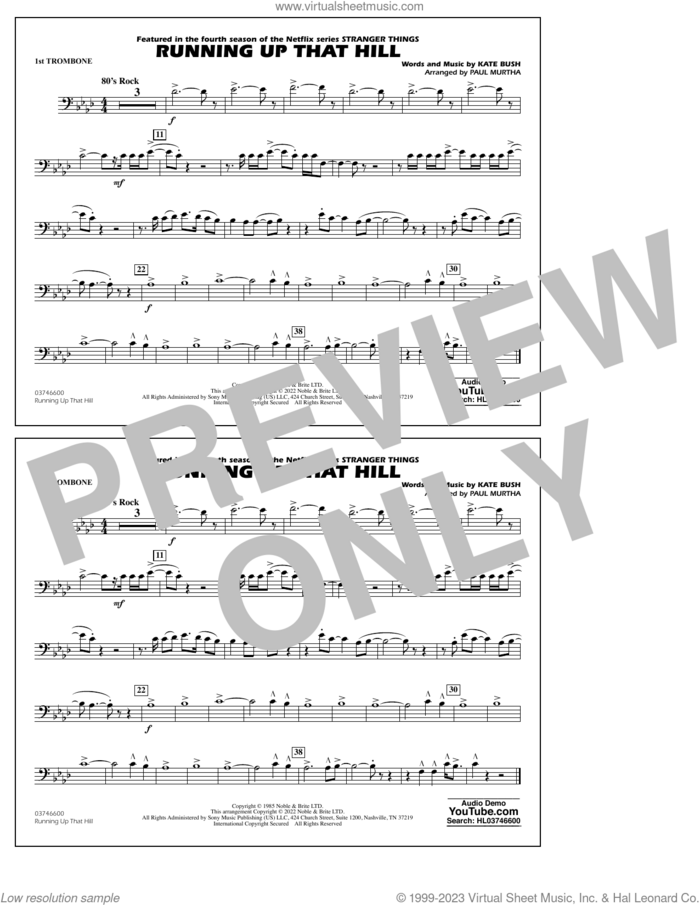 Running Up That Hill (arr. Paul Murtha) sheet music for marching band (1st trombone) by Kate Bush and Paul Murtha, intermediate skill level