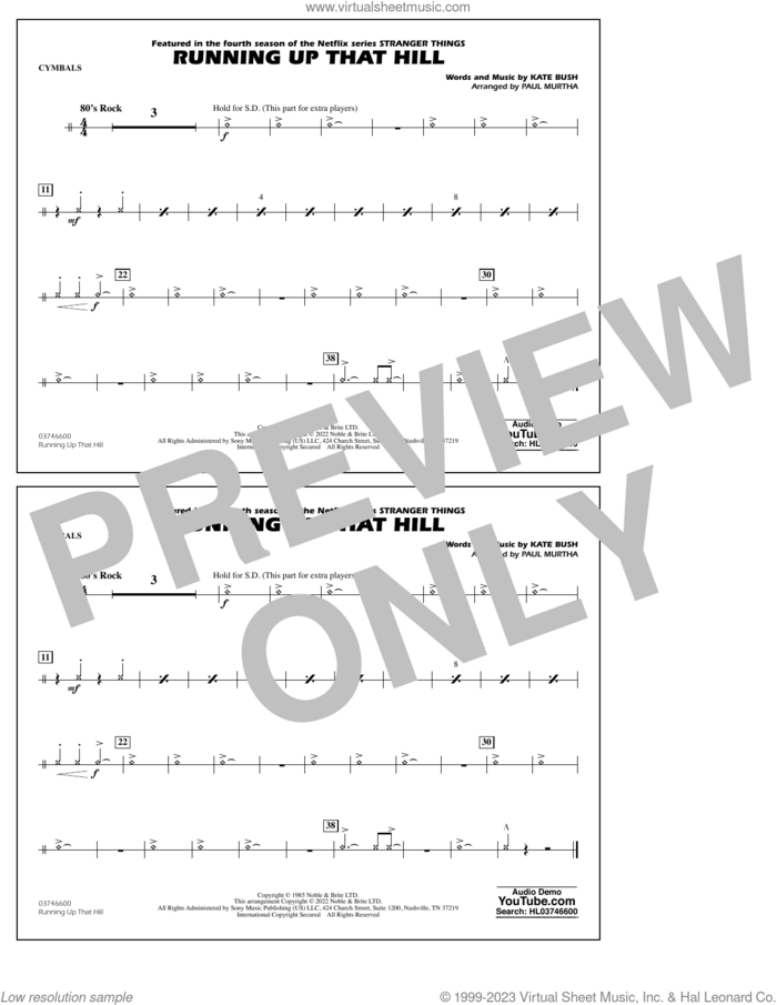Running Up That Hill (arr. Paul Murtha) sheet music for marching band (cymbals) by Kate Bush and Paul Murtha, intermediate skill level