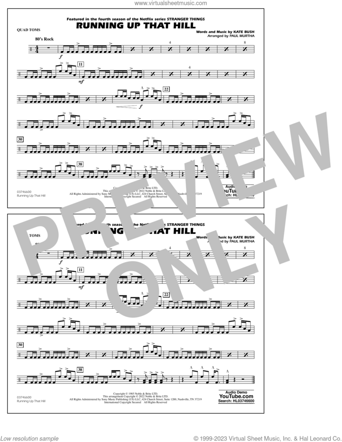 Running Up That Hill (arr. Paul Murtha) sheet music for marching band (quad toms) by Kate Bush and Paul Murtha, intermediate skill level