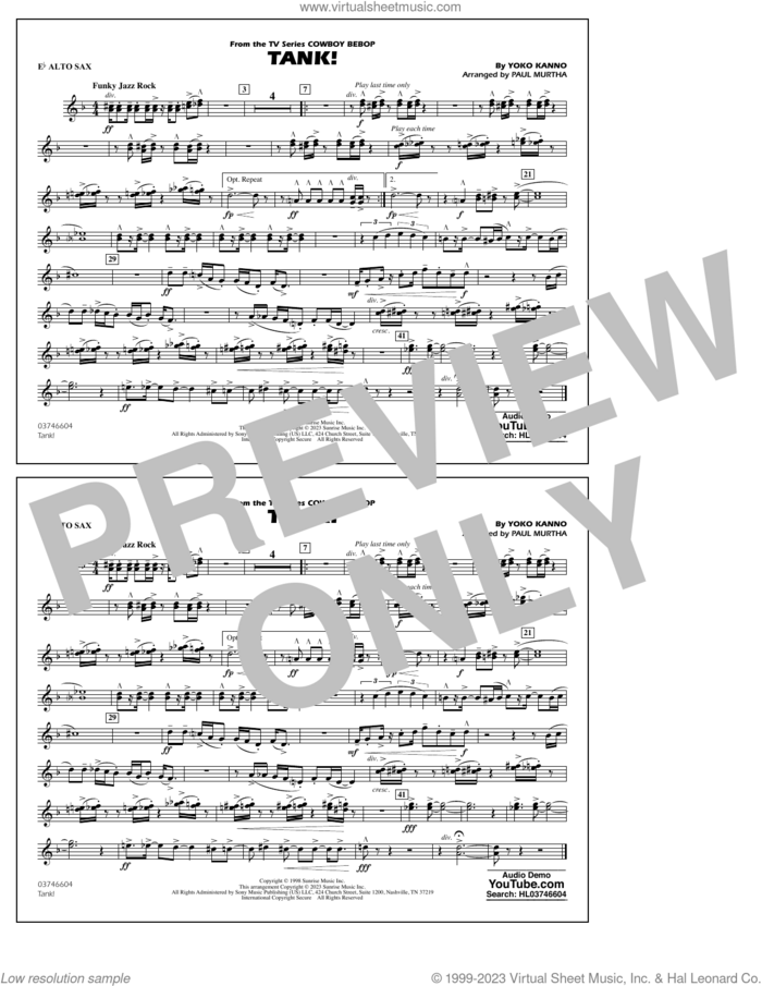 Tank! (from Cowboy Bebop) (arr. Murtha) sheet music for marching band (Eb alto sax) by Yoko Kanno and Paul Murtha, intermediate skill level
