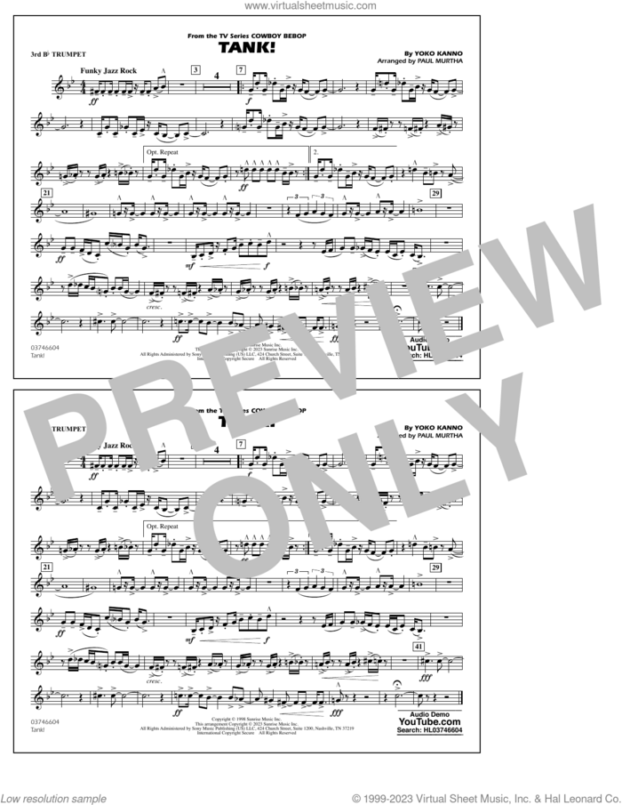Tank! (from Cowboy Bebop) (arr. Murtha) sheet music for marching band (3rd Bb trumpet) by Yoko Kanno and Paul Murtha, intermediate skill level
