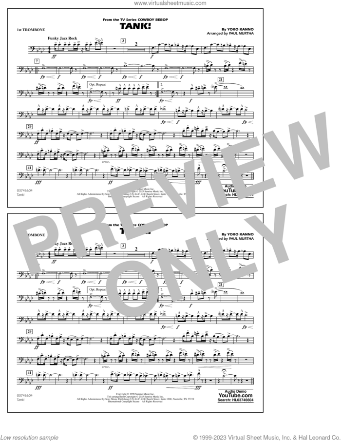 Tank! (from Cowboy Bebop) (arr. Murtha) sheet music for marching band (1st trombone) by Yoko Kanno and Paul Murtha, intermediate skill level