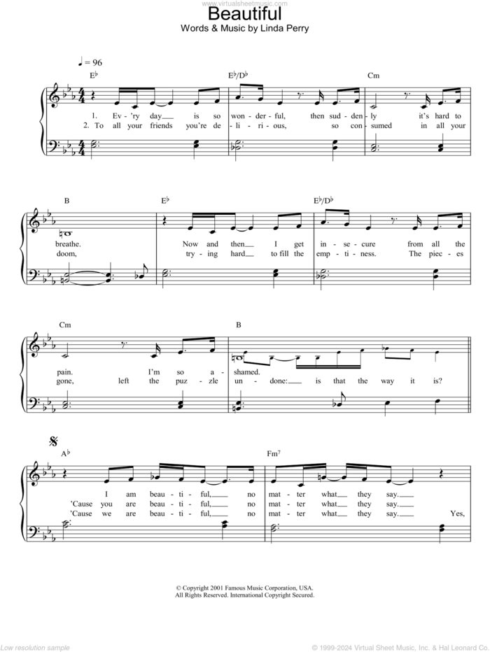 Beautiful sheet music for piano solo by Christina Aguilera, intermediate skill level