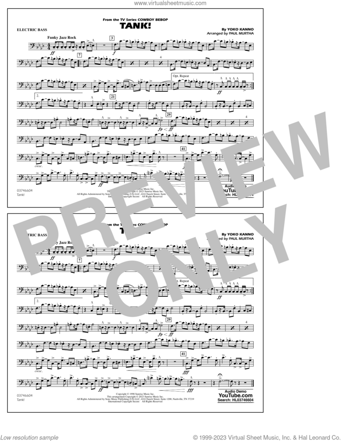 Tank! (from Cowboy Bebop) (arr. Murtha) sheet music for marching band (electric bass) by Yoko Kanno and Paul Murtha, intermediate skill level