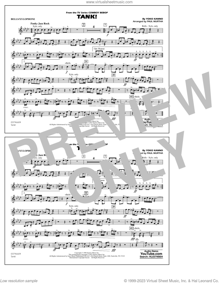 Tank! (from Cowboy Bebop) (arr. Murtha) sheet music for marching band (bells/xylophone) by Yoko Kanno and Paul Murtha, intermediate skill level