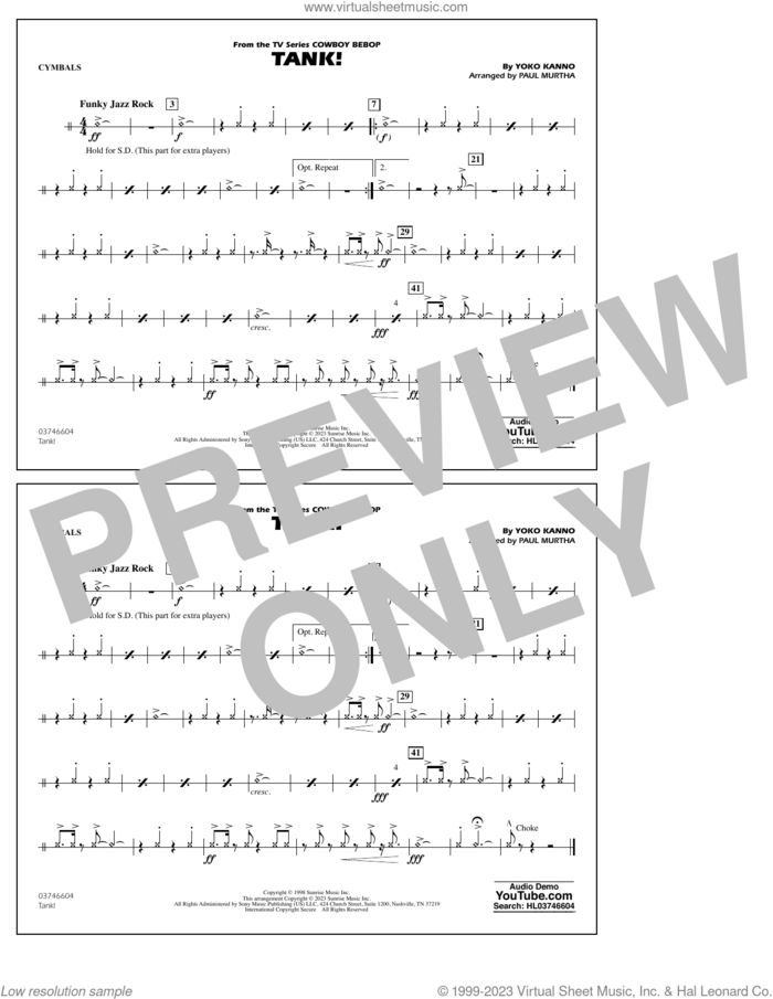 Tank! (from Cowboy Bebop) (arr. Murtha) sheet music for marching band (cymbals) by Yoko Kanno and Paul Murtha, intermediate skill level