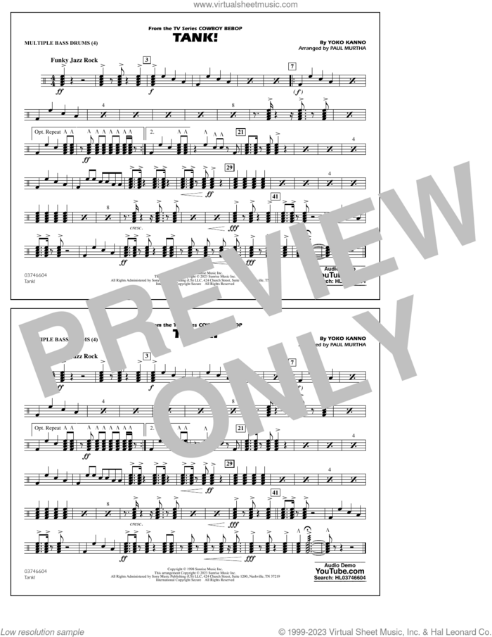 Tank! (from Cowboy Bebop) (arr. Murtha) sheet music for marching band (multiple bass drums) by Yoko Kanno and Paul Murtha, intermediate skill level