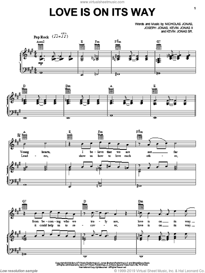 Love Is On Its Way sheet music for voice, piano or guitar by Jonas Brothers, Joseph Jonas, Kevin Jonas II, Kevin Jonas Sr. and Nicholas Jonas, intermediate skill level