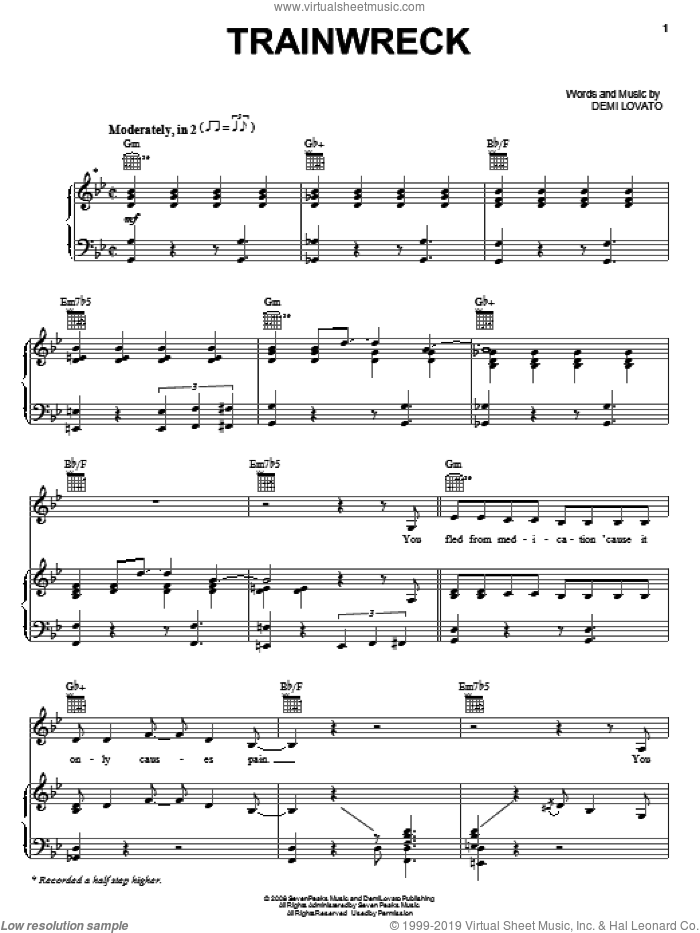 Trainwreck sheet music for voice, piano or guitar by Demi Lovato, intermediate skill level