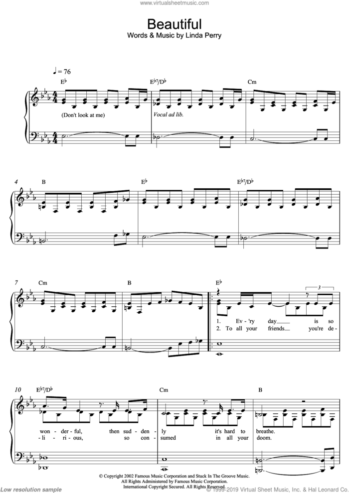 Beautiful, (easy) sheet music for piano solo by Christina Aguilera and Linda Perry, easy skill level