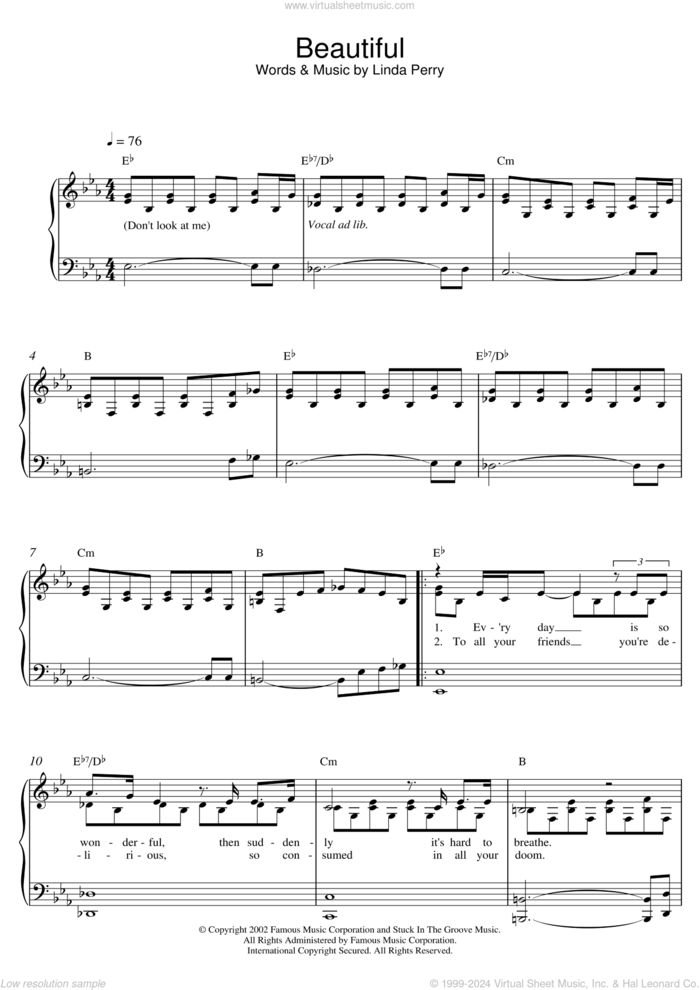 Beautiful sheet music for piano solo by Christina Aguilera and Linda Perry, easy skill level