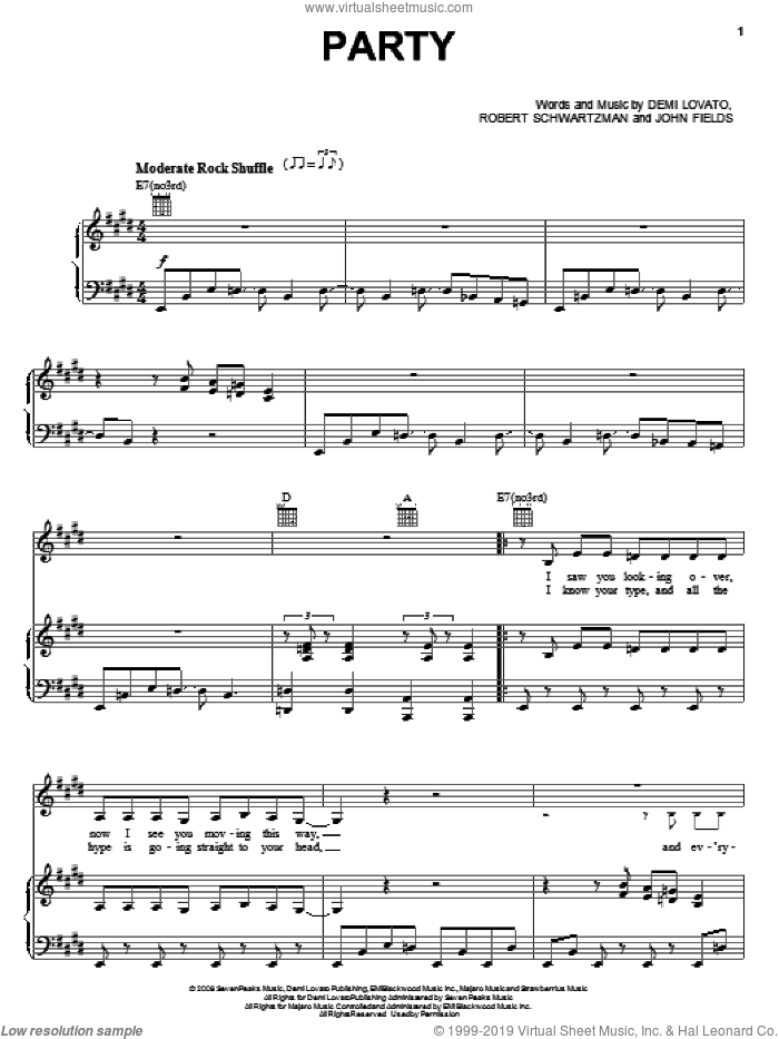 Party sheet music for voice, piano or guitar by Demi Lovato, John Fields and Robert Schwartzman, intermediate skill level