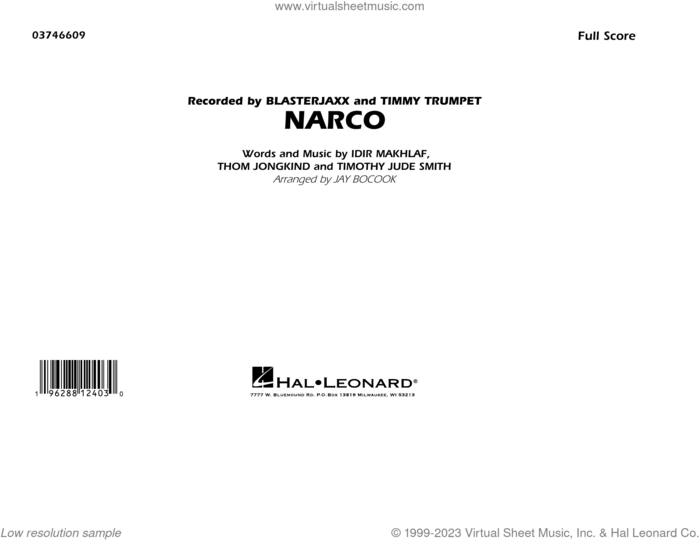 Narco (arr. Jay Bocook) (COMPLETE) sheet music for marching band by Jay Bocook, Blasterjaxx & Timmy Trumpet, Idir Makhlaf, Thom Jongkind and Timothy Jude Smith, intermediate skill level