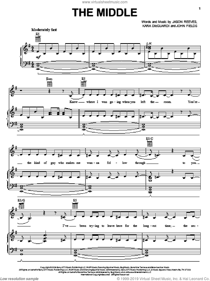 The Middle sheet music for voice, piano or guitar by Demi Lovato, Jason Reeves, John Fields and Kara DioGuardi, intermediate skill level
