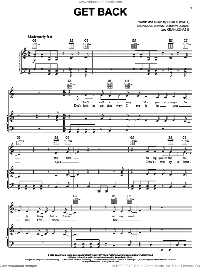 Get Back sheet music for voice, piano or guitar by Demi Lovato, Joseph Jonas, Kevin Jonas II and Nicholas Jonas, intermediate skill level