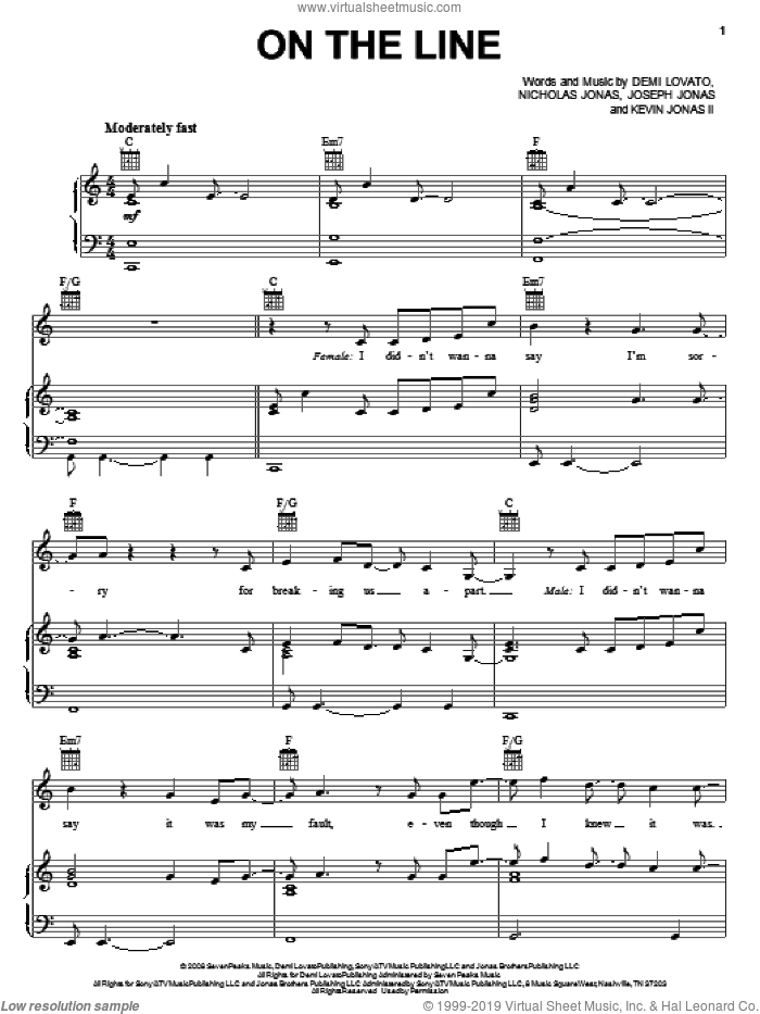 On The Line sheet music for voice, piano or guitar by Demi Lovato, Joseph Jonas, Kevin Jonas II and Nicholas Jonas, intermediate skill level