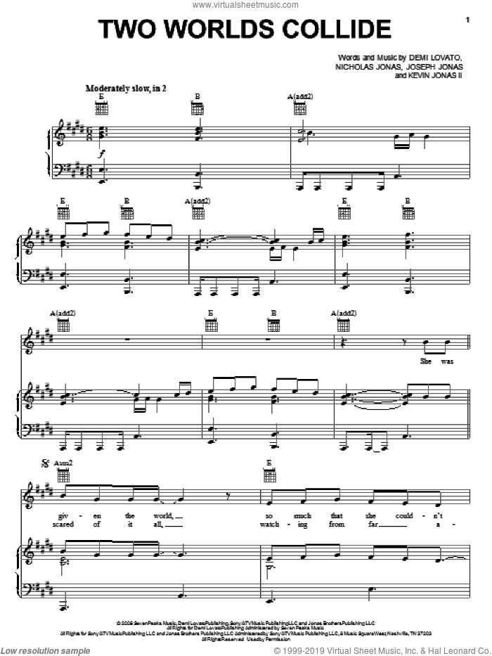 Two Worlds Collide sheet music for voice, piano or guitar by Demi Lovato, Joseph Jonas, Kevin Jonas II and Nicholas Jonas, intermediate skill level