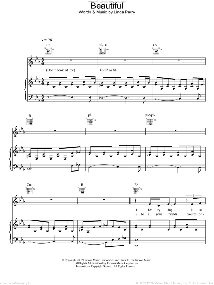 Beautiful sheet music for voice, piano or guitar by Christina Aguilera, intermediate skill level