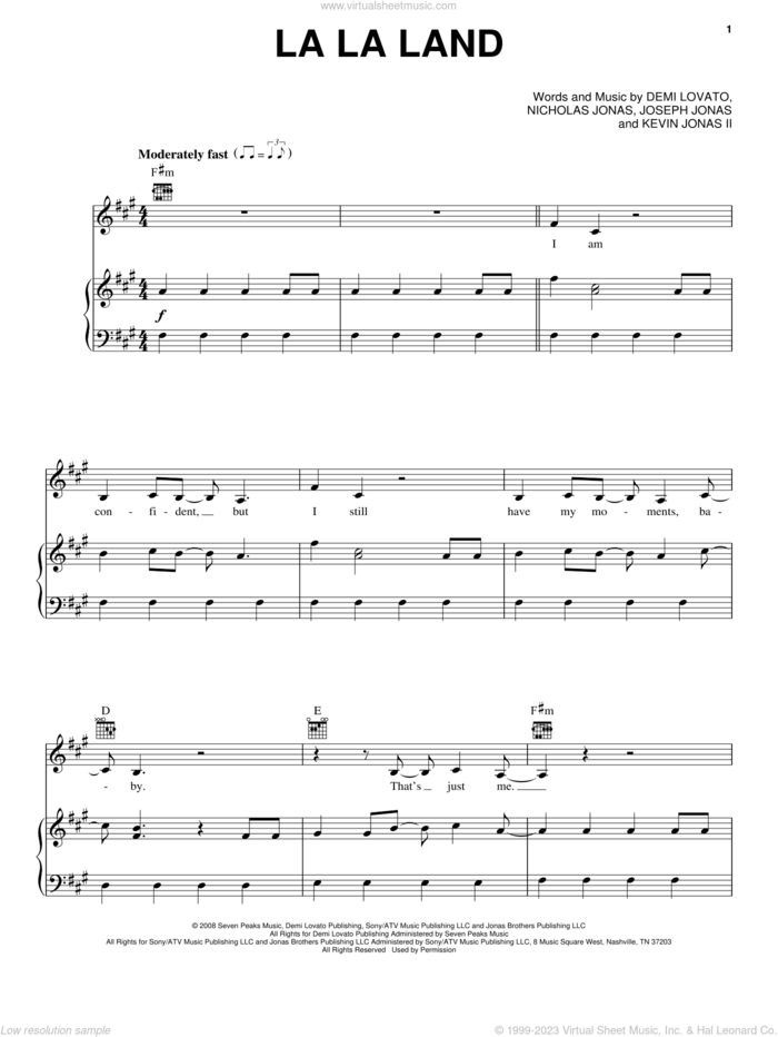 La La Land sheet music for voice, piano or guitar by Demi Lovato, Joseph Jonas, Kevin Jonas II and Nicholas Jonas, intermediate skill level