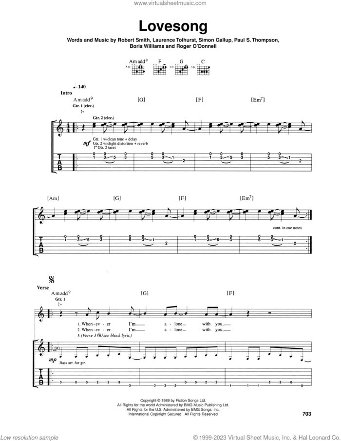 Lovesong sheet music for guitar (tablature) by The Cure, Boris Williams, Laurence Tolhurst, Paul S. Thompson, Robert Smith and Simon Gallup, wedding score, intermediate skill level