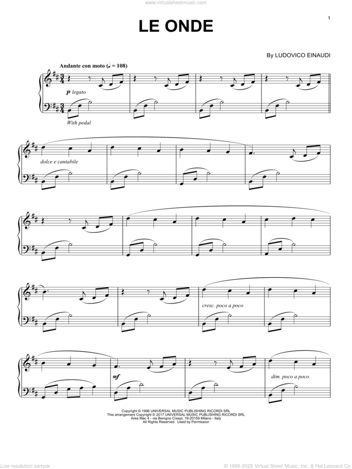 Le Onde, (intermediate) sheet music for piano solo by Ludovico Einaudi, classical score, intermediate skill level