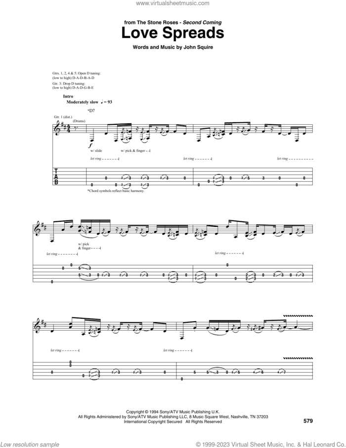 Love Spreads sheet music for guitar (tablature) by The Stone Roses and John Squire, intermediate skill level