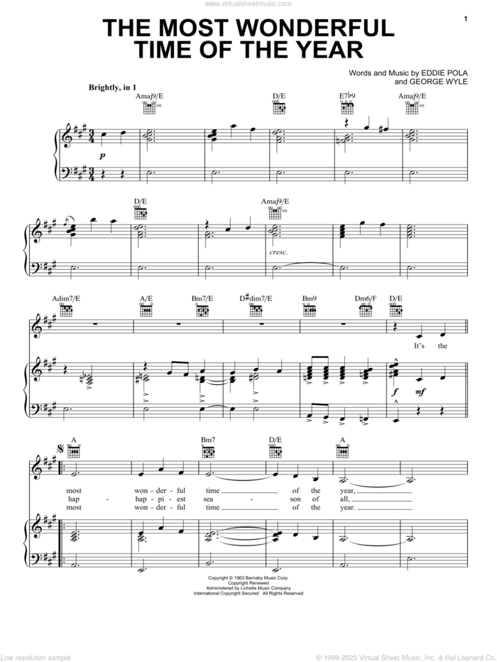 The Most Wonderful Time Of The Year sheet music for voice, piano or guitar by Andy Williams, Eddie Pola and George Wyle, intermediate skill level