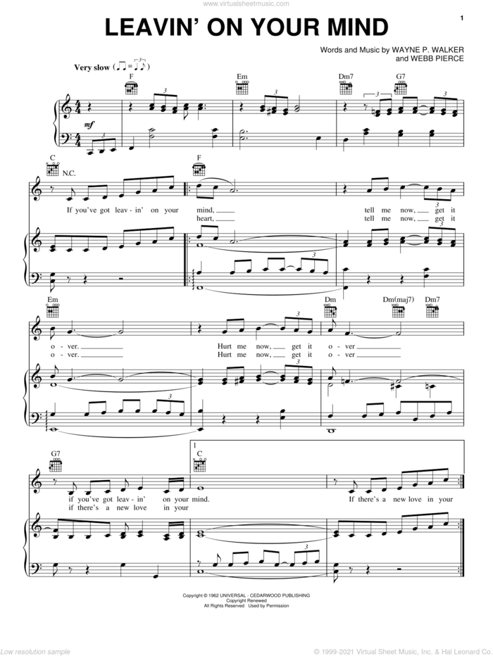 Leavin' On Your Mind sheet music for voice, piano or guitar by Patsy Cline, Wayne Walker and Webb Pierce, intermediate skill level