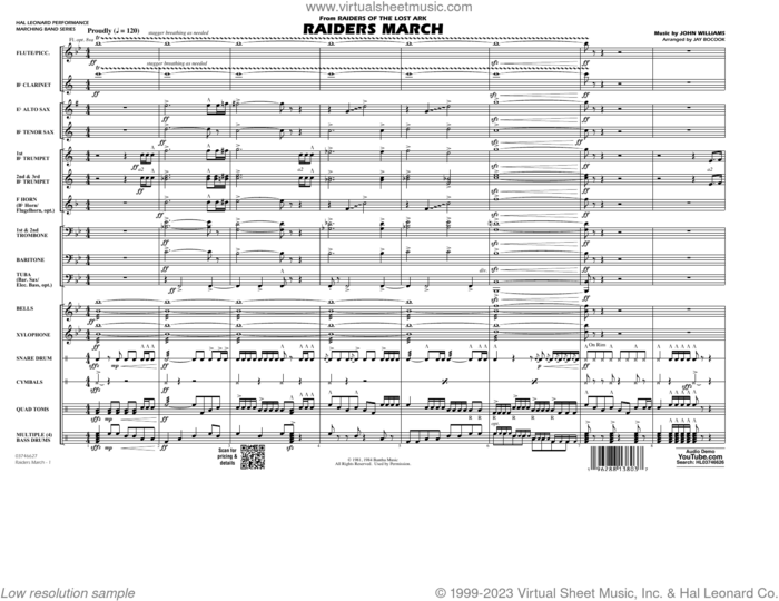 Raiders March (from Raiders Of The Lost Ark) (arr. Jay Bocook) (COMPLETE) sheet music for marching band by John Williams and Jay Bocook, intermediate skill level