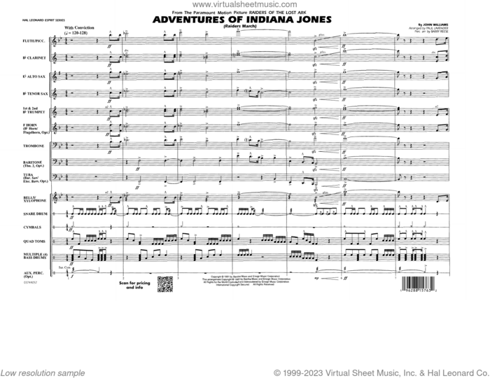 Adventures Of Indiana Jones (Raiders March) (arr. Paul Lavender) (COMPLETE) sheet music for marching band by John Williams, Barry Reese and Paul Lavender, intermediate skill level