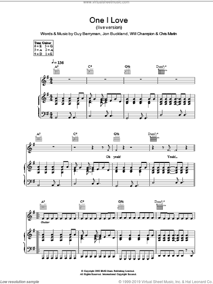 One I Love (live version) sheet music for voice, piano or guitar by Coldplay, intermediate skill level