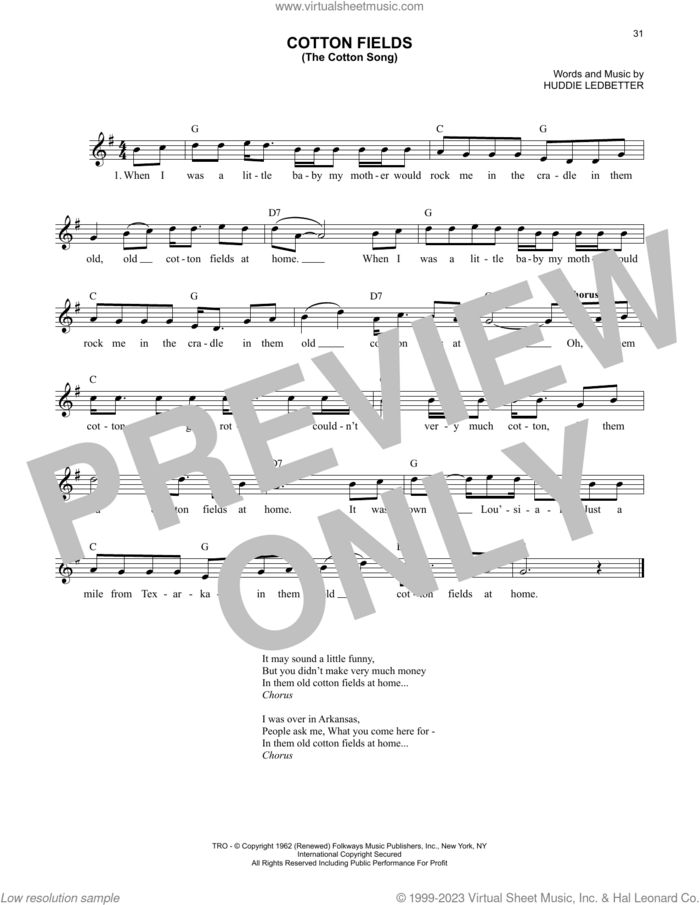 Cotton Fields (The Cotton Song) sheet music for voice and other instruments (fake book) by Lead Belly, Creedence Clearwater Revival, The Highwaymen and Huddie Ledbetter, intermediate skill level